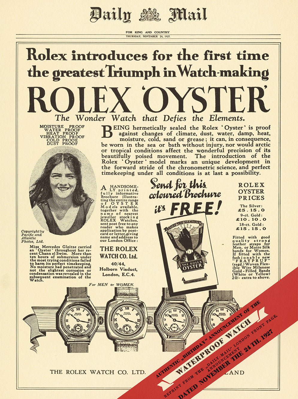 Anuncio histórico de Rolex Oyster y Mercedes Gleitze