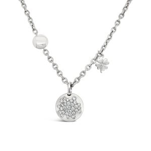 Collar de oro blanco con diamantes y trebol.