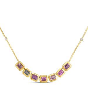 Collar de oro amarillo 18k con 7 zafiros de colores y 4 diamantes corte brillante