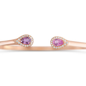 Pulsera de oro rosa 18k con 1 zafiro rosa y 1 zafiro morado, con 34 diamantes corte brillante